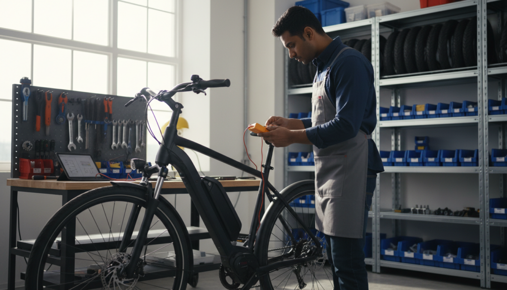 A close-up of an E-Bike being inspected in a professional workshop setting. In the foreground, a technician in smart casual attire is examining the bike's electrical components with precision tools. The middle ground features the E-Bike, showcasing intricate details like the battery and wiring, while a tool bench with various maintenance equipment is arranged neatly behind it. The background includes shelves stocked with diagnostic equipment and spare parts, illuminated by bright, natural light streaming through large windows, creating a clean and organized atmosphere. The camera angle is slightly tilted downwards, emphasizing the technician's focused expression and the meticulous nature of the inspection process. The mood is professional and industrious, highlighting the importance of regular maintenance and inspection of E-Bikes. A close-up of an E-Bike being inspected in a professional workshop setting. In the foreground, a technician in smart casual attire is examining the bike's electrical components with precision tools. The middle ground features the E-Bike, showcasing intricate details like the battery and wiring, while a tool bench with various maintenance equipment is arranged neatly behind it. The background includes shelves stocked with diagnostic equipment and spare parts, illuminated by bright, natural light streaming through large windows, creating a clean and organized atmosphere. The camera angle is slightly tilted downwards, emphasizing the technician's focused expression and the meticulous nature of the inspection process. The mood is professional and industrious, highlighting the importance of regular maintenance and inspection of E-Bikes.
