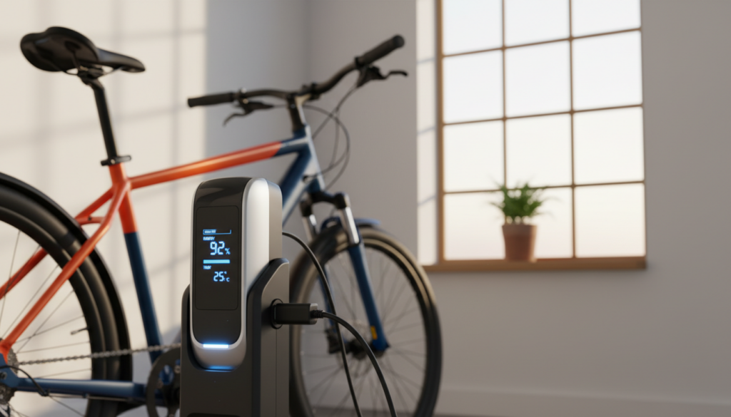 A close-up scene of an e-bike battery being charged, showcasing a sleek, modern battery design with digital display indicators. The foreground features a sturdy charging station with a soft blue light illuminating the battery, highlighting its features such as energy levels and temperature indicators. The middle ground includes an attractive e-bike partially visible, with vibrant colors and a neat arrangement. The background features a calm indoor setting with a window next to the charging station, letting in warm, natural light that contrasts with the cool tones of the battery. The overall atmosphere feels tranquil and focused, suggesting care and attention to maintaining battery health. The image is to be captured from a slightly angled perspective to emphasize depth and detail, ensuring no text or branding elements are present. A close-up scene of an e-bike battery being charged, showcasing a sleek, modern battery design with digital display indicators. The foreground features a sturdy charging station with a soft blue light illuminating the battery, highlighting its features such as energy levels and temperature indicators. The middle ground includes an attractive e-bike partially visible, with vibrant colors and a neat arrangement. The background features a calm indoor setting with a window next to the charging station, letting in warm, natural light that contrasts with the cool tones of the battery. The overall atmosphere feels tranquil and focused, suggesting care and attention to maintaining battery health. The image is to be captured from a slightly angled perspective to emphasize depth and detail, ensuring no text or branding elements are present.