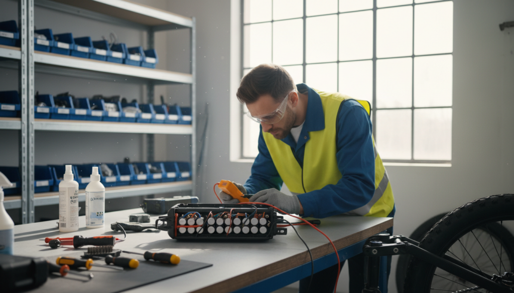 A close-up view of a technician performing preventive maintenance on an E-bike battery in a well-lit workshop. The foreground features the E-bike with its battery removed, revealing intricate wiring and the battery cell. The technician, dressed in a professional manner with a safety vest and gloves, examines the battery components with a multimeter, ensuring proper function. In the middle, tools like screwdrivers and cleaning supplies are organized neatly on a workbench, suggesting a meticulous approach to maintenance. The background includes shelves filled with spare parts and a large window allowing natural light to stream in, creating a bright and focused atmosphere. The overall mood is professional and diligent, emphasizing the importance of regular inspection for E-bike performance. A close-up view of a technician performing preventive maintenance on an E-bike battery in a well-lit workshop. The foreground features the E-bike with its battery removed, revealing intricate wiring and the battery cell. The technician, dressed in a professional manner with a safety vest and gloves, examines the battery components with a multimeter, ensuring proper function. In the middle, tools like screwdrivers and cleaning supplies are organized neatly on a workbench, suggesting a meticulous approach to maintenance. The background includes shelves filled with spare parts and a large window allowing natural light to stream in, creating a bright and focused atmosphere. The overall mood is professional and diligent, emphasizing the importance of regular inspection for E-bike performance.