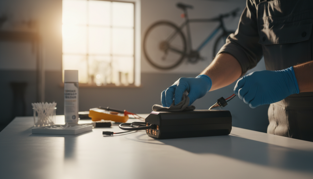 A close-up view of an E-Bike battery being carefully maintained on a clean workbench, showcasing a person wearing professional attire, gently cleaning the battery terminals with a soft cloth. The foreground features a detailed focus on the battery, highlighting its sleek design and connected wires. In the middle, the workspace is organized with essential tools like a multimeter and a cleaning kit neatly arranged. The background has a soft focus on a bright, sunlit garage or workshop environment, enhancing the atmosphere of care and maintenance. The lighting is warm and inviting, casting gentle shadows, creating a sense of diligence and importance in battery care for E-Bikes. A close-up view of an E-Bike battery being carefully maintained on a clean workbench, showcasing a person wearing professional attire, gently cleaning the battery terminals with a soft cloth. The foreground features a detailed focus on the battery, highlighting its sleek design and connected wires. In the middle, the workspace is organized with essential tools like a multimeter and a cleaning kit neatly arranged. The background has a soft focus on a bright, sunlit garage or workshop environment, enhancing the atmosphere of care and maintenance. The lighting is warm and inviting, casting gentle shadows, creating a sense of diligence and importance in battery care for E-Bikes.