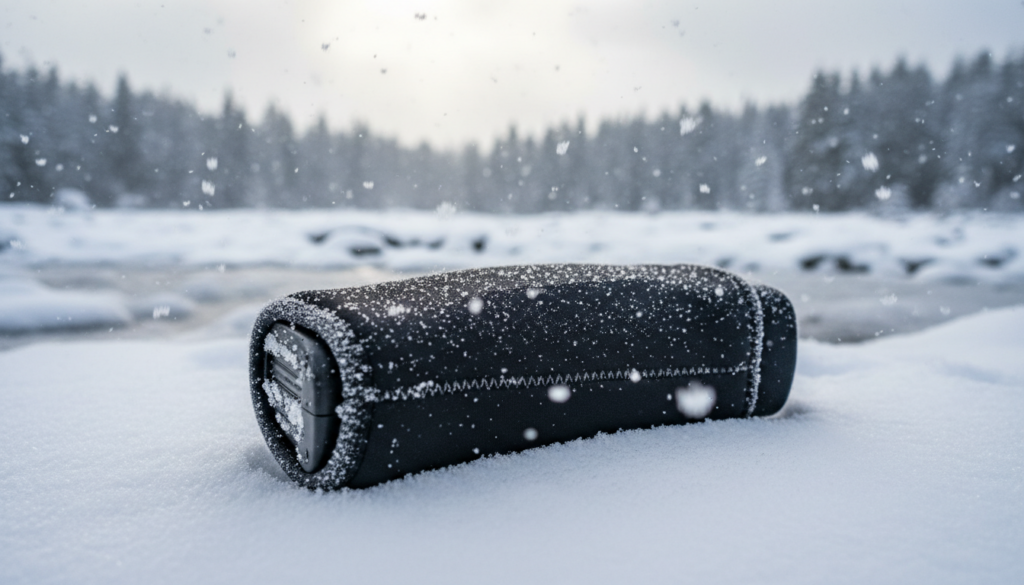 A close-up view of an E-Bike battery encased in a sleek neoprene cover, resting on a snowy surface to illustrate winter conditions. In the foreground, the battery is prominently displayed with frost clinging to its edges, showcasing the neoprene texture. In the middle ground, a softly falling snow adds a gentle touch to the scene, enhancing the chilly atmosphere. The background features a softly blurred depiction of a winter landscape, with snow-covered trees and a lightly overcast sky, creating a serene yet chilly mood. Utilize natural, diffused lighting to emphasize the smooth surfaces and shadows of the neoprene cover, aiming for a crisp and clear focus that captures the essence of winter. A close-up view of an E-Bike battery encased in a sleek neoprene cover, resting on a snowy surface to illustrate winter conditions. In the foreground, the battery is prominently displayed with frost clinging to its edges, showcasing the neoprene texture. In the middle ground, a softly falling snow adds a gentle touch to the scene, enhancing the chilly atmosphere. The background features a softly blurred depiction of a winter landscape, with snow-covered trees and a lightly overcast sky, creating a serene yet chilly mood. Utilize natural, diffused lighting to emphasize the smooth surfaces and shadows of the neoprene cover, aiming for a crisp and clear focus that captures the essence of winter.