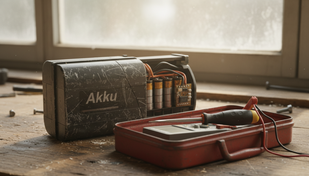 A close-up view of an E-bike battery (Akku) displayed on a wooden workbench, showing signs of wear and capacity loss. In the foreground, highlight the battery with some scratches and a partially opened cover, revealing its internal components. The middle ground features a rugged toolbox with basic tools used for maintenance, such as a screwdriver and a multimeter. In the background, soft natural light filters through a window, creating a warm and inviting atmosphere. The scene conveys a sense of careful maintenance and attention, emphasizing the importance of battery care. The image should be sharp and focused, taken from a slightly elevated angle to capture the details of the battery and tools effectively. A close-up view of an E-bike battery (Akku) displayed on a wooden workbench, showing signs of wear and capacity loss. In the foreground, highlight the battery with some scratches and a partially opened cover, revealing its internal components. The middle ground features a rugged toolbox with basic tools used for maintenance, such as a screwdriver and a multimeter. In the background, soft natural light filters through a window, creating a warm and inviting atmosphere. The scene conveys a sense of careful maintenance and attention, emphasizing the importance of battery care. The image should be sharp and focused, taken from a slightly elevated angle to capture the details of the battery and tools effectively.