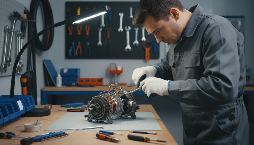 A close-up view of an E-bike motor being serviced, showcasing detailed repair techniques. In the foreground, a skilled technician in professional work attire meticulously examines the motor components, highlighting tools like wrenches and screwdrivers on the workbench. The middle layer focuses on the E-bike motor itself, capturing intricate details of the gears and electrical connections, illuminated by soft, diffused light to enhance textures. The background features a well-organized workspace with shelves of bike parts and a tool rack, adding context to the repair process. The overall atmosphere is professional and industrious, reflecting the precision and care involved in E-bike motor repairs. A close-up view of an E-bike motor being serviced, showcasing detailed repair techniques. In the foreground, a skilled technician in professional work attire meticulously examines the motor components, highlighting tools like wrenches and screwdrivers on the workbench. The middle layer focuses on the E-bike motor itself, capturing intricate details of the gears and electrical connections, illuminated by soft, diffused light to enhance textures. The background features a well-organized workspace with shelves of bike parts and a tool rack, adding context to the repair process. The overall atmosphere is professional and industrious, reflecting the precision and care involved in E-bike motor repairs.