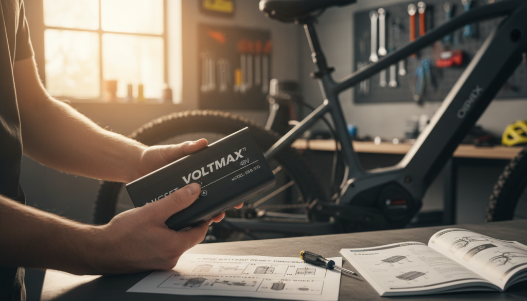 A close-up view of an e-bike battery being reset, with a person's hands delicately handling the battery to press the reset button. The foreground features detailed elements like the battery with clear labels, a diagram showing reset procedures, and tools such as a screwdriver and manual nearby. In the middle ground, an e-bike frame is partially visible, showing connection points to the motor. The background includes a garage or workshop setting, softly lit with warm, natural light filtering through a window, creating a focused yet inviting atmosphere. The overall mood conveys expertise and reassurance in troubleshooting e-bike issues, emphasizing hands-on engagement and technical support. A close-up view of an e-bike battery being reset, with a person's hands delicately handling the battery to press the reset button. The foreground features detailed elements like the battery with clear labels, a diagram showing reset procedures, and tools such as a screwdriver and manual nearby. In the middle ground, an e-bike frame is partially visible, showing connection points to the motor. The background includes a garage or workshop setting, softly lit with warm, natural light filtering through a window, creating a focused yet inviting atmosphere. The overall mood conveys expertise and reassurance in troubleshooting e-bike issues, emphasizing hands-on engagement and technical support.