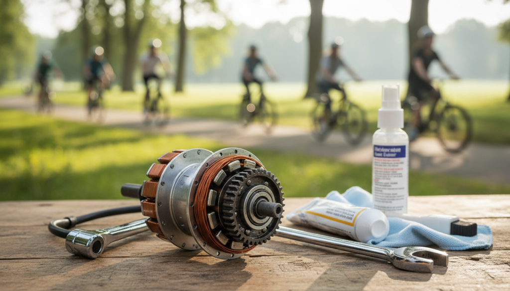 A close-up view of an e-bike motor surrounded by various elements illustrating factors affecting its lifespan. In the foreground, the motor should be prominently displayed, showcasing intricate parts like the stator and rotor with high attention to detail. The middle ground features tools such as a wrench, lubricant, and cleaning cloth, implying the maintenance process. In the background, subtly blurred, include a vibrant landscape of a park setting with cyclists enjoying their rides to convey an active e-bike lifestyle. Soft, natural lighting enhances the freshness of the scene, while a shallow depth of field focuses attention on the motor and maintenance items, creating a professional, informative mood. A close-up view of an e-bike motor surrounded by various elements illustrating factors affecting its lifespan. In the foreground, the motor should be prominently displayed, showcasing intricate parts like the stator and rotor with high attention to detail. The middle ground features tools such as a wrench, lubricant, and cleaning cloth, implying the maintenance process. In the background, subtly blurred, include a vibrant landscape of a park setting with cyclists enjoying their rides to convey an active e-bike lifestyle. Soft, natural lighting enhances the freshness of the scene, while a shallow depth of field focuses attention on the motor and maintenance items, creating a professional, informative mood.