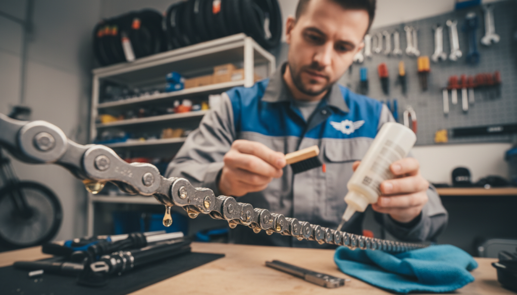 A close-up view of an electric bike's chain being meticulously maintained, showcasing a technician wearing a professional mechanic's outfit, using a brush and lubricant. In the foreground, highlight the gleaming, well-maintained chain with droplets of lubricant glistening under a warm, soft light to emphasize cleanliness. In the middle ground, capture the technician's focused expression as they work carefully, surrounded by tools like a multi-tool and cloth. In the background, depict a well-organized workshop setting with bicycle parts and tools neatly arranged, creating a sense of order and professionalism. The overall atmosphere should evoke a sense of diligence and care in electrical bike maintenance, with a calm and focused mood. A close-up view of an electric bike's chain being meticulously maintained, showcasing a technician wearing a professional mechanic's outfit, using a brush and lubricant. In the foreground, highlight the gleaming, well-maintained chain with droplets of lubricant glistening under a warm, soft light to emphasize cleanliness. In the middle ground, capture the technician's focused expression as they work carefully, surrounded by tools like a multi-tool and cloth. In the background, depict a well-organized workshop setting with bicycle parts and tools neatly arranged, creating a sense of order and professionalism. The overall atmosphere should evoke a sense of diligence and care in electrical bike maintenance, with a calm and focused mood.