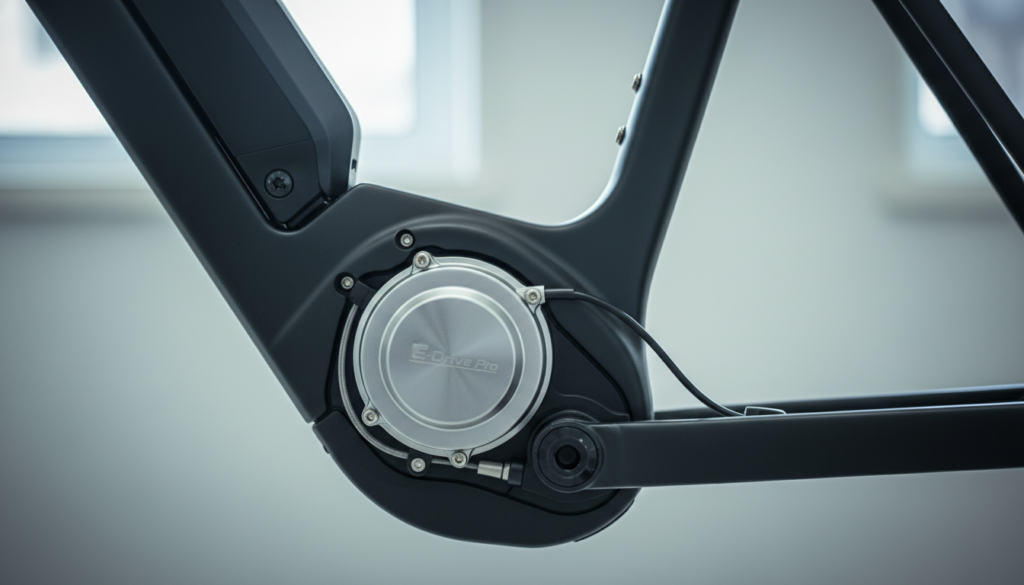 A close-up view of an integrated E-bike motor seamlessly incorporated into a sleek bicycle frame. The motor is prominently displayed in the foreground, showcasing its modern design and compact size. The middle ground features a detailed view of the frame with clear mounting aspects, highlighting bolts and connections that secure the motor in place. The background subtly fades out to focus attention on the e-bike, with a soft gradient of neutral colors enhancing the technical feel. The scene is well-lit with bright, natural daylight illuminating the components, creating a clean, professional atmosphere. The lens captures the image from a slightly elevated angle, giving depth and perspective to the overall composition. The mood is informative and precise, perfect for illustrating advanced engineering in e-bike design. A close-up view of an integrated E-bike motor seamlessly incorporated into a sleek bicycle frame. The motor is prominently displayed in the foreground, showcasing its modern design and compact size. The middle ground features a detailed view of the frame with clear mounting aspects, highlighting bolts and connections that secure the motor in place. The background subtly fades out to focus attention on the e-bike, with a soft gradient of neutral colors enhancing the technical feel. The scene is well-lit with bright, natural daylight illuminating the components, creating a clean, professional atmosphere. The lens captures the image from a slightly elevated angle, giving depth and perspective to the overall composition. The mood is informative and precise, perfect for illustrating advanced engineering in e-bike design.
