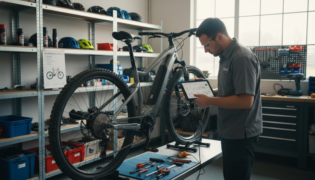 A detailed E-bike inspection scene set in a bright, well-lit workshop. In the foreground, a mechanic in professional attire is carefully examining an E-bike, using a diagnostic tool to check the electrical components. The bike is modern, with visible features like a battery, motor, and intricate wiring. In the middle ground, shelves filled with maintenance equipment and a poster illustrating E-bike maintenance intervals can be seen. The background shows a clean, organized workspace with tools neatly arranged on a workbench and sunlight streaming through a large window, creating a professional and focused atmosphere. The overall mood is of diligence and expertise, emphasizing the importance of regular maintenance intervals as per manufacturer guidelines. The image should be shot from a slight angle, giving depth to the scene. A detailed E-bike inspection scene set in a bright, well-lit workshop. In the foreground, a mechanic in professional attire is carefully examining an E-bike, using a diagnostic tool to check the electrical components. The bike is modern, with visible features like a battery, motor, and intricate wiring. In the middle ground, shelves filled with maintenance equipment and a poster illustrating E-bike maintenance intervals can be seen. The background shows a clean, organized workspace with tools neatly arranged on a workbench and sunlight streaming through a large window, creating a professional and focused atmosphere. The overall mood is of diligence and expertise, emphasizing the importance of regular maintenance intervals as per manufacturer guidelines. The image should be shot from a slight angle, giving depth to the scene.