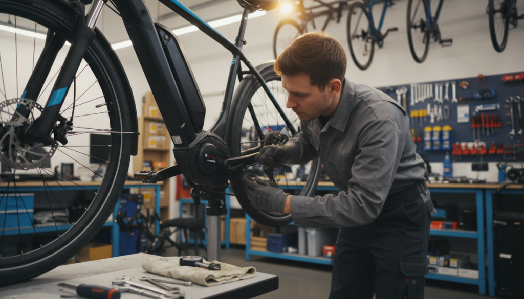 A detailed close-up of an E-Bike being serviced, showcasing a mechanic in professional work attire, inspecting the bicycle's battery and drivetrain for daily maintenance. The foreground features tools like a tire pressure gauge and a multi-tool, emphasizing meticulous attention to detail. In the middle ground, the mechanic gently checks the brakes and tires, with a focused expression, representing the importance of safety and reliability. The background includes a clean, organized workshop with subtle lighting that highlights the E-Bike and tools, creating a professional atmosphere. The overall mood is one of diligence and expertise, emphasizing the significance of regular checks for optimal performance. A detailed close-up of an E-Bike being serviced, showcasing a mechanic in professional work attire, inspecting the bicycle's battery and drivetrain for daily maintenance. The foreground features tools like a tire pressure gauge and a multi-tool, emphasizing meticulous attention to detail. In the middle ground, the mechanic gently checks the brakes and tires, with a focused expression, representing the importance of safety and reliability. The background includes a clean, organized workshop with subtle lighting that highlights the E-Bike and tools, creating a professional atmosphere. The overall mood is one of diligence and expertise, emphasizing the significance of regular checks for optimal performance.