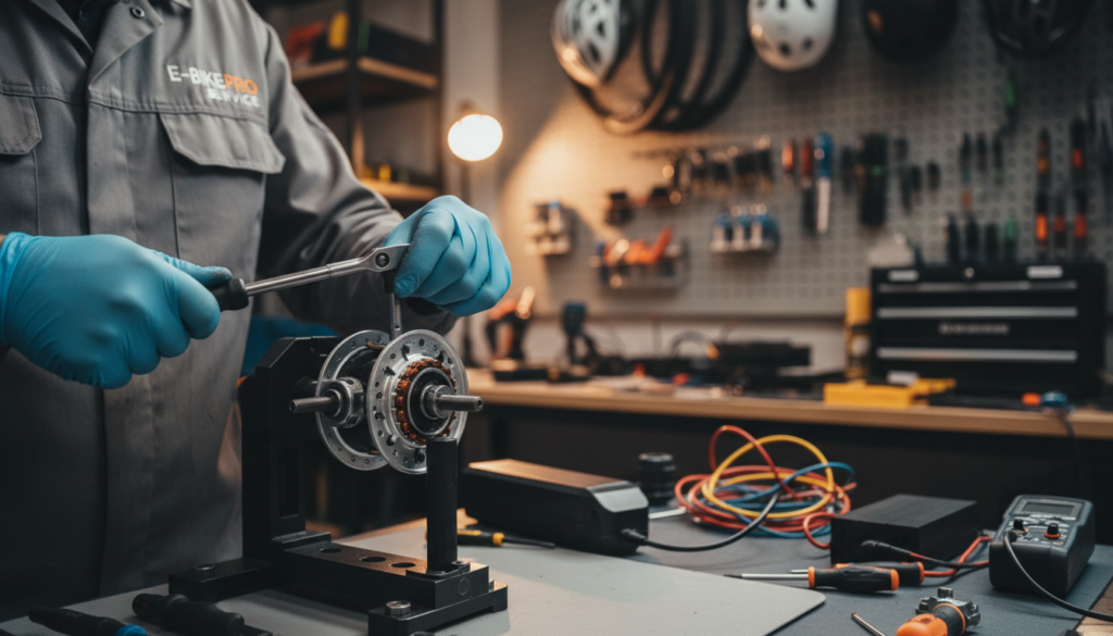 A detailed close-up of an E-bike motor being serviced, prominently displayed in the foreground. A technician in professional work attire is inspecting the motor with precision tools, showcasing elements of maintenance and care. The middle ground features other E-bike components like batteries and wiring, suggesting a workshop environment. In the background, soft workshop lighting highlights the workspace, creating a warm and focused atmosphere, with shelves filled with tools and bike parts. The scene conveys a sense of professionalism and dedication to the longevity of E-bike motors, with a depth of field effect emphasizing the intricacies of the motor. The color palette is clean and industrial, emphasizing efficiency and clarity in the maintenance process. A detailed close-up of an E-bike motor being serviced, prominently displayed in the foreground. A technician in professional work attire is inspecting the motor with precision tools, showcasing elements of maintenance and care. The middle ground features other E-bike components like batteries and wiring, suggesting a workshop environment. In the background, soft workshop lighting highlights the workspace, creating a warm and focused atmosphere, with shelves filled with tools and bike parts. The scene conveys a sense of professionalism and dedication to the longevity of E-bike motors, with a depth of field effect emphasizing the intricacies of the motor. The color palette is clean and industrial, emphasizing efficiency and clarity in the maintenance process.