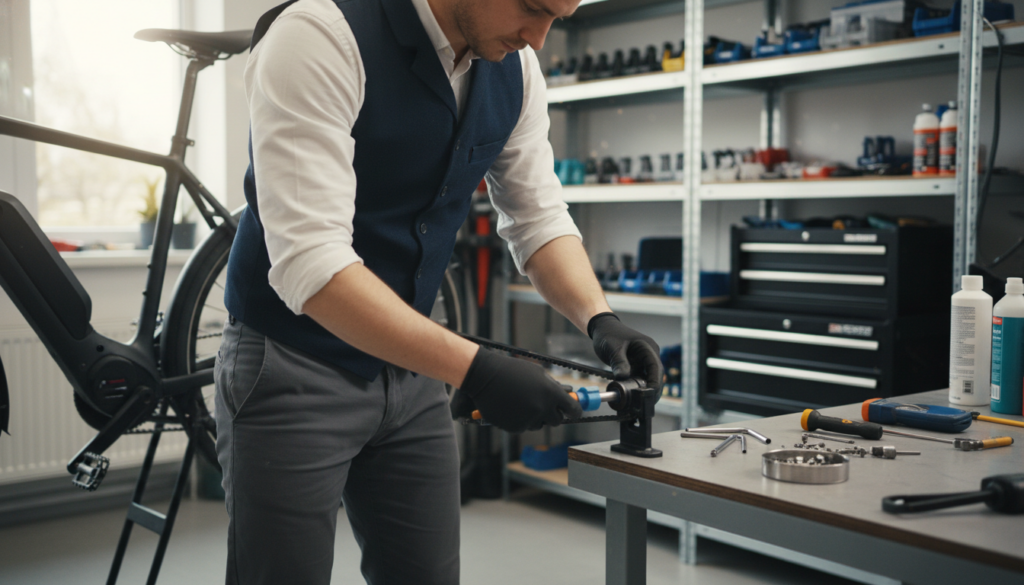 A detailed close-up view of a person in professional attire, inspecting the tension of a bike belt on an E-bike in a well-lit garage. The foreground features the technician’s hands delicately handling the adjustment mechanism while focused tools rest nearby. The middle ground showcases the sleek design of the E-bike, emphasizing the belt drive system and its tensioner. In the background, there are shelves filled with cycling tools and maintenance equipment, with soft, natural lighting coming from a nearby window, creating a calm and focused atmosphere. The angle is slightly above eye level, capturing both the bike's components and the technician's careful assessment, conveying a sense of professionalism and attention to detail in bike maintenance. A detailed close-up view of a person in professional attire, inspecting the tension of a bike belt on an E-bike in a well-lit garage. The foreground features the technician’s hands delicately handling the adjustment mechanism while focused tools rest nearby. The middle ground showcases the sleek design of the E-bike, emphasizing the belt drive system and its tensioner. In the background, there are shelves filled with cycling tools and maintenance equipment, with soft, natural lighting coming from a nearby window, creating a calm and focused atmosphere. The angle is slightly above eye level, capturing both the bike's components and the technician's careful assessment, conveying a sense of professionalism and attention to detail in bike maintenance.