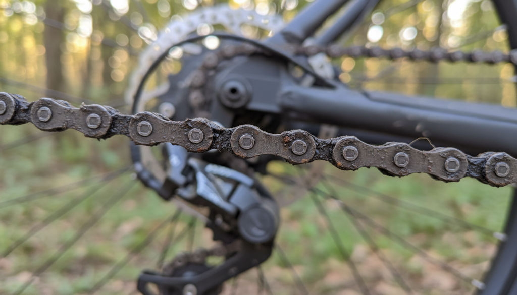A detailed close-up view of an e-bike's chain in the foreground, showcasing the wear and tear on the chain links with visible dirt and grime. Behind the chain, the bike's rear derailleur is slightly blurred, hinting at the complexity of the e-bike's drivetrain. The background features a soft-focus outdoor setting, with a hint of sunlight shining through leaves, creating a warm atmosphere. The lighting is bright yet diffused, emphasizing the textures of the chain and its components. The angle of the shot is slightly elevated, allowing for clear visibility of the wear indicators on the chain. The overall mood conveys a sense of maintenance and care, ideal for highlighting e-bike upkeep. A detailed close-up view of an e-bike's chain in the foreground, showcasing the wear and tear on the chain links with visible dirt and grime. Behind the chain, the bike's rear derailleur is slightly blurred, hinting at the complexity of the e-bike's drivetrain. The background features a soft-focus outdoor setting, with a hint of sunlight shining through leaves, creating a warm atmosphere. The lighting is bright yet diffused, emphasizing the textures of the chain and its components. The angle of the shot is slightly elevated, allowing for clear visibility of the wear indicators on the chain. The overall mood conveys a sense of maintenance and care, ideal for highlighting e-bike upkeep.