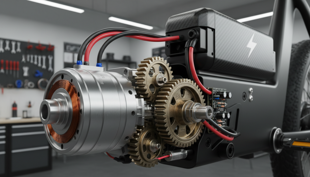 A detailed close-up view of technical components of an e-bike motor drive system, prominently featuring a high-efficiency electric motor, gears, and a robust battery pack interconnected with wires. The foreground highlights the intricate mechanics, showcasing metal textures and conductive elements that glisten under soft, focused lighting. In the middle ground, display the frame of the e-bike, integrating a minimalist background of a clean workshop environment filled with tools and parts, creating a sense of context and craft. Use a slightly angled perspective to emphasize depth and functionality. The mood should be modern and professional, reflecting innovation and precision in e-bike technology. Ensure the absence of any text or additional elements that could distract from the components. A detailed close-up view of technical components of an e-bike motor drive system, prominently featuring a high-efficiency electric motor, gears, and a robust battery pack interconnected with wires. The foreground highlights the intricate mechanics, showcasing metal textures and conductive elements that glisten under soft, focused lighting. In the middle ground, display the frame of the e-bike, integrating a minimalist background of a clean workshop environment filled with tools and parts, creating a sense of context and craft. Use a slightly angled perspective to emphasize depth and functionality. The mood should be modern and professional, reflecting innovation and precision in e-bike technology. Ensure the absence of any text or additional elements that could distract from the components.