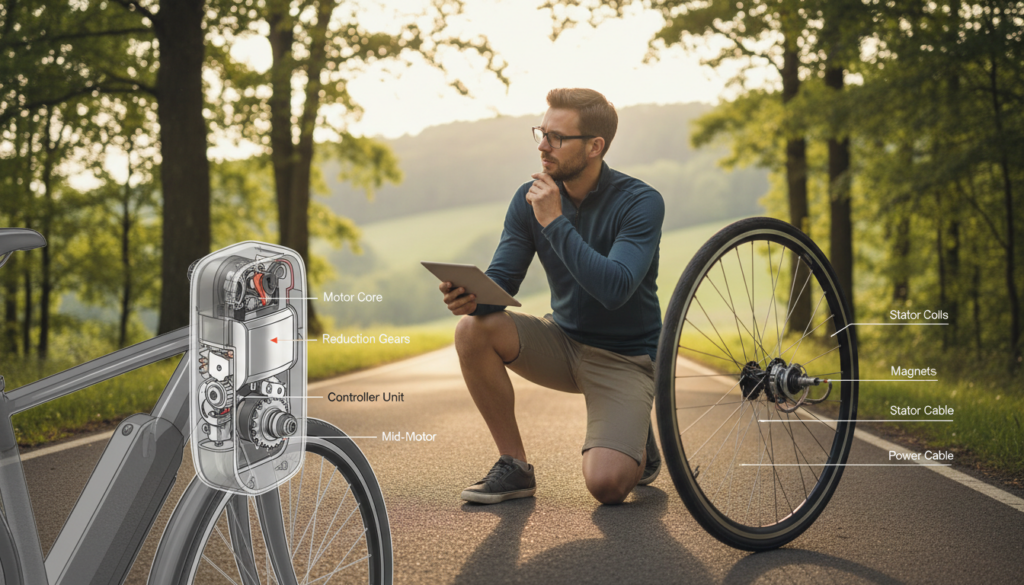 A detailed comparison illustration of a mid-motor and a hub motor for e-bikes. In the foreground, showcase a mid-motor mounted on a bicycle frame, highlighting its compact design with technical components visible. To the side, display a hub motor integrated into a bicycle wheel, emphasizing its sleek exterior. The middle ground features a cyclist examining both motors, dressed in professional casual attire, engaged in thoughtful analysis. In the background, include a serene cycling path with soft sunlight casting warm tones, creating a calm and informative atmosphere. The image should convey a sense of innovation and engineering, with clear focus on the motors' features, enhancing the viewer's understanding of their differences. Use natural lighting to create depth, while a slightly blurred background keeps the focus on the motors. A detailed comparison illustration of a mid-motor and a hub motor for e-bikes. In the foreground, showcase a mid-motor mounted on a bicycle frame, highlighting its compact design with technical components visible. To the side, display a hub motor integrated into a bicycle wheel, emphasizing its sleek exterior. The middle ground features a cyclist examining both motors, dressed in professional casual attire, engaged in thoughtful analysis. In the background, include a serene cycling path with soft sunlight casting warm tones, creating a calm and informative atmosphere. The image should convey a sense of innovation and engineering, with clear focus on the motors' features, enhancing the viewer's understanding of their differences. Use natural lighting to create depth, while a slightly blurred background keeps the focus on the motors.