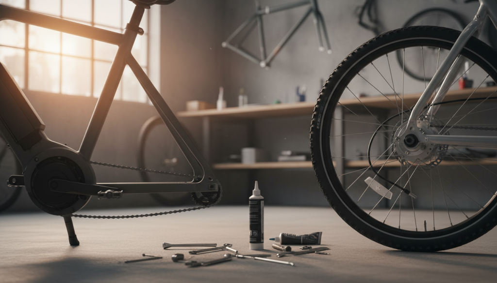 A detailed comparison image of two E-bike motor types: a mid-mounted motor and a rear hub motor. In the foreground, display the mid-mounted motor on the left, highlighting its integration with the bike frame and showcasing its compact design. On the right, present the rear hub motor, visibly integrated into the rear wheel, with emphasis on its mechanics. In the middle ground, include subtle tools and maintenance items, such as wrenches and grease tubes to suggest maintenance. The background should be a softly blurred workshop setting, well-lit with natural light filtering through a window, creating an informative yet inviting atmosphere. The angle should be slightly elevated, capturing both motors in a dynamic and educational perspective. A detailed comparison image of two E-bike motor types: a mid-mounted motor and a rear hub motor. In the foreground, display the mid-mounted motor on the left, highlighting its integration with the bike frame and showcasing its compact design. On the right, present the rear hub motor, visibly integrated into the rear wheel, with emphasis on its mechanics. In the middle ground, include subtle tools and maintenance items, such as wrenches and grease tubes to suggest maintenance. The background should be a softly blurred workshop setting, well-lit with natural light filtering through a window, creating an informative yet inviting atmosphere. The angle should be slightly elevated, capturing both motors in a dynamic and educational perspective.