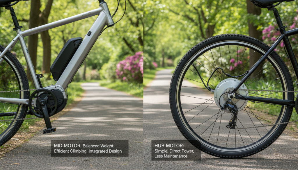 A detailed comparison scene showcasing the advantages and disadvantages of E-bike drive systems: a mid-motor and a hub motor. In the foreground, prominently feature two E-bikes side by side, one equipped with a sleek mid-motor visible beneath the bike frame and the other featuring a hub motor integrated into the rear wheel. Use a split composition to highlight differences: the mid-motor side should be bathed in soft, natural lighting emphasizing its compact elegance, while the hub motor side needs a slightly brighter setting to showcase its mechanical complexity. In the background, depict a cycling path surrounded by greenery, enhancing the outdoor atmosphere. The mood should be informative and engaging, ideal for educational purposes, with a clear focus on the technological aspects of each motor type. A detailed comparison scene showcasing the advantages and disadvantages of E-bike drive systems: a mid-motor and a hub motor. In the foreground, prominently feature two E-bikes side by side, one equipped with a sleek mid-motor visible beneath the bike frame and the other featuring a hub motor integrated into the rear wheel. Use a split composition to highlight differences: the mid-motor side should be bathed in soft, natural lighting emphasizing its compact elegance, while the hub motor side needs a slightly brighter setting to showcase its mechanical complexity. In the background, depict a cycling path surrounded by greenery, enhancing the outdoor atmosphere. The mood should be informative and engaging, ideal for educational purposes, with a clear focus on the technological aspects of each motor type.