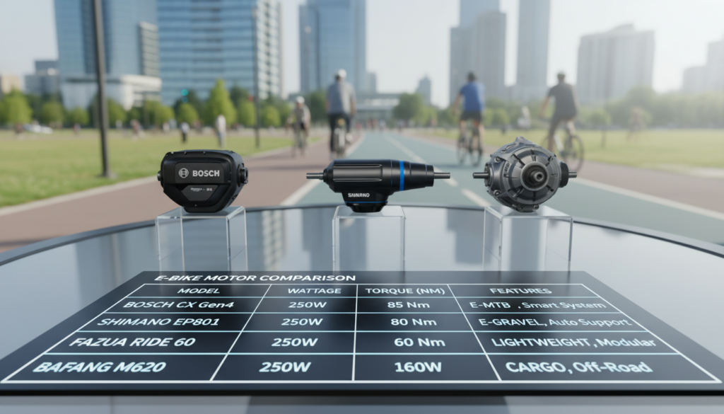 A detailed comparison table showcasing popular e-bike motors, set against a clean, modern backdrop. In the foreground, a well-organized table displaying various motor specifications like wattage, torque (Nm), and other relevant figures, clearly highlighted and easy to read. The middle ground features sleek e-bike motors arranged in a visually appealing manner, each represented with a realistic and polished appearance. The background subtly hints at an urban environment or outdoor scene, suggesting the application of e-bikes in everyday life. The lighting is bright and even, evoking a professional and informative atmosphere. The angle of the view is slightly elevated to provide a comprehensive overview without distractions, ensuring a focus on the motors and the table. A detailed comparison table showcasing popular e-bike motors, set against a clean, modern backdrop. In the foreground, a well-organized table displaying various motor specifications like wattage, torque (Nm), and other relevant figures, clearly highlighted and easy to read. The middle ground features sleek e-bike motors arranged in a visually appealing manner, each represented with a realistic and polished appearance. The background subtly hints at an urban environment or outdoor scene, suggesting the application of e-bikes in everyday life. The lighting is bright and even, evoking a professional and informative atmosphere. The angle of the view is slightly elevated to provide a comprehensive overview without distractions, ensuring a focus on the motors and the table.