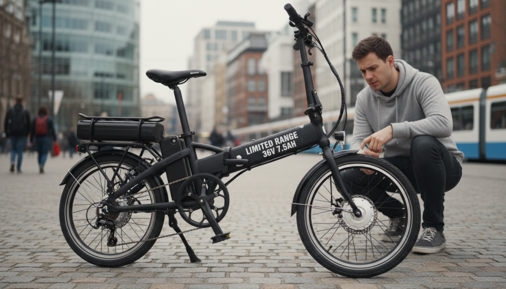 A detailed depiction of a folding E-Bike parked in an urban setting, showcasing its compact design and attention to the battery capacity. In the foreground, the E-Bike features a prominent, sleek battery pack labeled with technical details like voltage and amp hours, emphasizing its limited range. The wheels are slightly turned to create depth, and you can see a close-up of the electric motor integrated into the wheel hub. In the middle ground, a cyclist in professional casual clothing examines the bike, reflecting concern over its capabilities. The background includes a cityscape with soft focus, under a cloudy sky to convey a sense of contemplation. The lighting is natural, with subtle shadows indicating midday, adding a realistic feel to the scene. A detailed depiction of a folding E-Bike parked in an urban setting, showcasing its compact design and attention to the battery capacity. In the foreground, the E-Bike features a prominent, sleek battery pack labeled with technical details like voltage and amp hours, emphasizing its limited range. The wheels are slightly turned to create depth, and you can see a close-up of the electric motor integrated into the wheel hub. In the middle ground, a cyclist in professional casual clothing examines the bike, reflecting concern over its capabilities. The background includes a cityscape with soft focus, under a cloudy sky to convey a sense of contemplation. The lighting is natural, with subtle shadows indicating midday, adding a realistic feel to the scene.