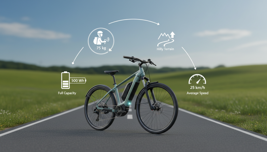 A detailed illustration focused on calculating E-Bike range, featuring a modern electric bike prominently in the foreground. Surround the bike with visual elements representing key factors like battery capacity, rider weight, terrain, and speed, utilizing icons or infographics in the middle ground. The background showcases a scenic cycling path with rolling hills and a serene sky, creating a sense of adventure. Use soft, natural lighting to evoke an optimistic mood, with a slight depth of field effect to emphasize the bike and its surrounding context. Aim for a professional and informative atmosphere, capturing the essence of e-bike range calculation without any text or distractions. A detailed illustration focused on calculating E-Bike range, featuring a modern electric bike prominently in the foreground. Surround the bike with visual elements representing key factors like battery capacity, rider weight, terrain, and speed, utilizing icons or infographics in the middle ground. The background showcases a scenic cycling path with rolling hills and a serene sky, creating a sense of adventure. Use soft, natural lighting to evoke an optimistic mood, with a slight depth of field effect to emphasize the bike and its surrounding context. Aim for a professional and informative atmosphere, capturing the essence of e-bike range calculation without any text or distractions.
