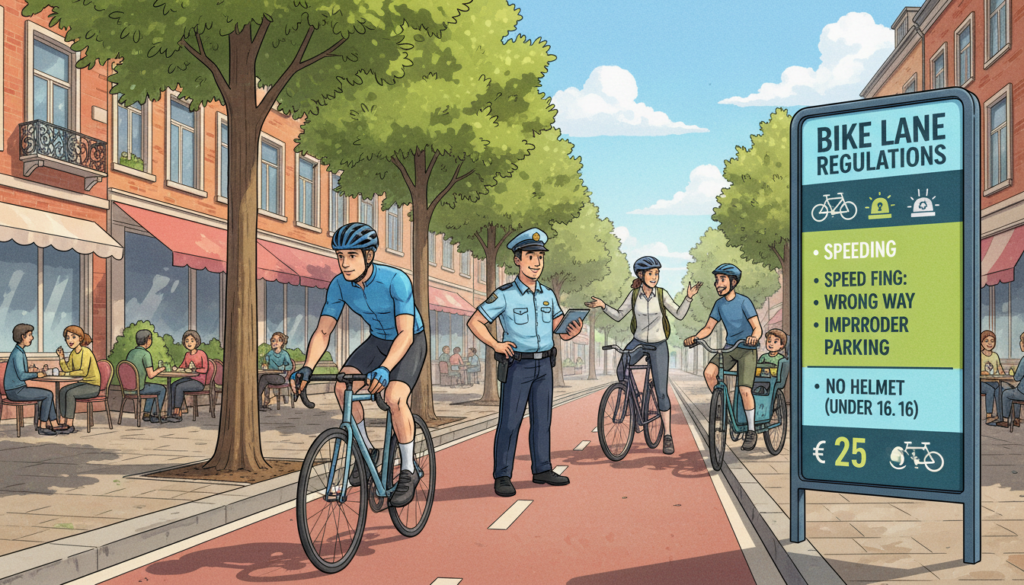 A detailed illustration of a bike lane street scene depicting potential penalties for traffic violations. In the foreground, a cyclist in professional casual attire rides alongside a prominent, colorful sign displaying the rules of the bike lane and fines for infractions. In the middle ground, a police officer observes the cyclists, ensuring compliance, while nearby, a few cyclists engage in discussions about road regulations. The background features a quaint urban street lined with trees and buildings, under a bright, clear blue sky. The lighting is vibrant and cheerful, capturing a sunny day atmosphere, with a focus on community safety and awareness. The overall mood is informative yet friendly, emphasizing the importance of following rules on bicycle streets. A detailed illustration of a bike lane street scene depicting potential penalties for traffic violations. In the foreground, a cyclist in professional casual attire rides alongside a prominent, colorful sign displaying the rules of the bike lane and fines for infractions. In the middle ground, a police officer observes the cyclists, ensuring compliance, while nearby, a few cyclists engage in discussions about road regulations. The background features a quaint urban street lined with trees and buildings, under a bright, clear blue sky. The lighting is vibrant and cheerful, capturing a sunny day atmosphere, with a focus on community safety and awareness. The overall mood is informative yet friendly, emphasizing the importance of following rules on bicycle streets.