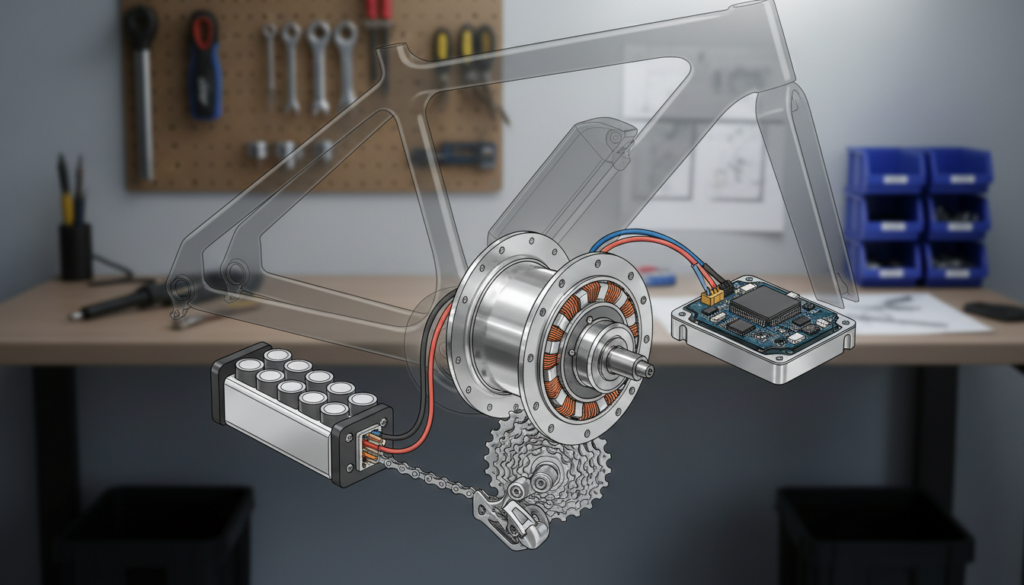 A detailed illustration of e-bike drive components, featuring a modern, sleek e-bike motor prominently in the foreground. Surrounding the motor are various key components such as the battery, controller, and gears, all displayed with intricate details, emphasizing their interconnections. The middle layer features a partially transparent view of the bike frame, showcasing the integration of these components. In the background, a subtly blurred workshop setting with tools and parts enhances the technical atmosphere. The lighting is bright and focused, highlighting the shiny surfaces of the components with soft shadows. The angle is slightly elevated, providing a comprehensive view. The mood is professional and educational, evoking a sense of innovation and technology in electric transportation. A detailed illustration of e-bike drive components, featuring a modern, sleek e-bike motor prominently in the foreground. Surrounding the motor are various key components such as the battery, controller, and gears, all displayed with intricate details, emphasizing their interconnections. The middle layer features a partially transparent view of the bike frame, showcasing the integration of these components. In the background, a subtly blurred workshop setting with tools and parts enhances the technical atmosphere. The lighting is bright and focused, highlighting the shiny surfaces of the components with soft shadows. The angle is slightly elevated, providing a comprehensive view. The mood is professional and educational, evoking a sense of innovation and technology in electric transportation.
