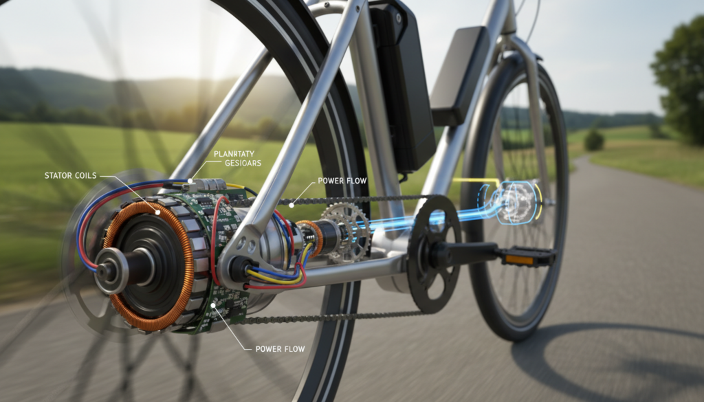 A detailed illustration of the inner workings of a Pedelec motor, showcasing its components and functionality. In the foreground, emphasize a close-up view of the electric motor, featuring intricate wiring and gear mechanisms. The middle section displays the motor connected to a bicycle frame, with highlighted areas demonstrating how energy is transferred to the wheels. In the background, include a blurred landscape to suggest movement, with soft natural lighting that casts subtle shadows, enhancing depth. Use a macro lens effect to ensure clarity in the mechanical details while maintaining a professional, informative mood suitable for a technical article. The overall atmosphere should be crisp and clear, with a focus on the engineering of the Pedelec motor. A detailed illustration of the inner workings of a Pedelec motor, showcasing its components and functionality. In the foreground, emphasize a close-up view of the electric motor, featuring intricate wiring and gear mechanisms. The middle section displays the motor connected to a bicycle frame, with highlighted areas demonstrating how energy is transferred to the wheels. In the background, include a blurred landscape to suggest movement, with soft natural lighting that casts subtle shadows, enhancing depth. Use a macro lens effect to ensure clarity in the mechanical details while maintaining a professional, informative mood suitable for a technical article. The overall atmosphere should be crisp and clear, with a focus on the engineering of the Pedelec motor.