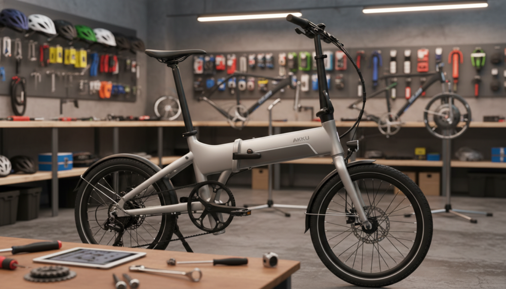 A detailed image of a modern faltrad e-bike with a prominent, sleek battery (akku) showcased in a well-lit workshop environment. In the foreground, focus on the e-bike’s compact frame, highlighting the battery mounted seamlessly within the design. The middle ground features tools and parts neatly organized, suggesting a mechanic's workspace, under bright, warm lighting to create an inviting atmosphere. In the background, blurred shelves filled with bicycle accessories add depth while enhancing the technical setting. Use a slightly tilted angle to emphasize the bike’s innovative design, portraying a sense of reliability and performance. The overall mood should be professional yet engaging, reflecting the technological advancements in e-bikes. A detailed image of a modern faltrad e-bike with a prominent, sleek battery (akku) showcased in a well-lit workshop environment. In the foreground, focus on the e-bike’s compact frame, highlighting the battery mounted seamlessly within the design. The middle ground features tools and parts neatly organized, suggesting a mechanic's workspace, under bright, warm lighting to create an inviting atmosphere. In the background, blurred shelves filled with bicycle accessories add depth while enhancing the technical setting. Use a slightly tilted angle to emphasize the bike’s innovative design, portraying a sense of reliability and performance. The overall mood should be professional yet engaging, reflecting the technological advancements in e-bikes.