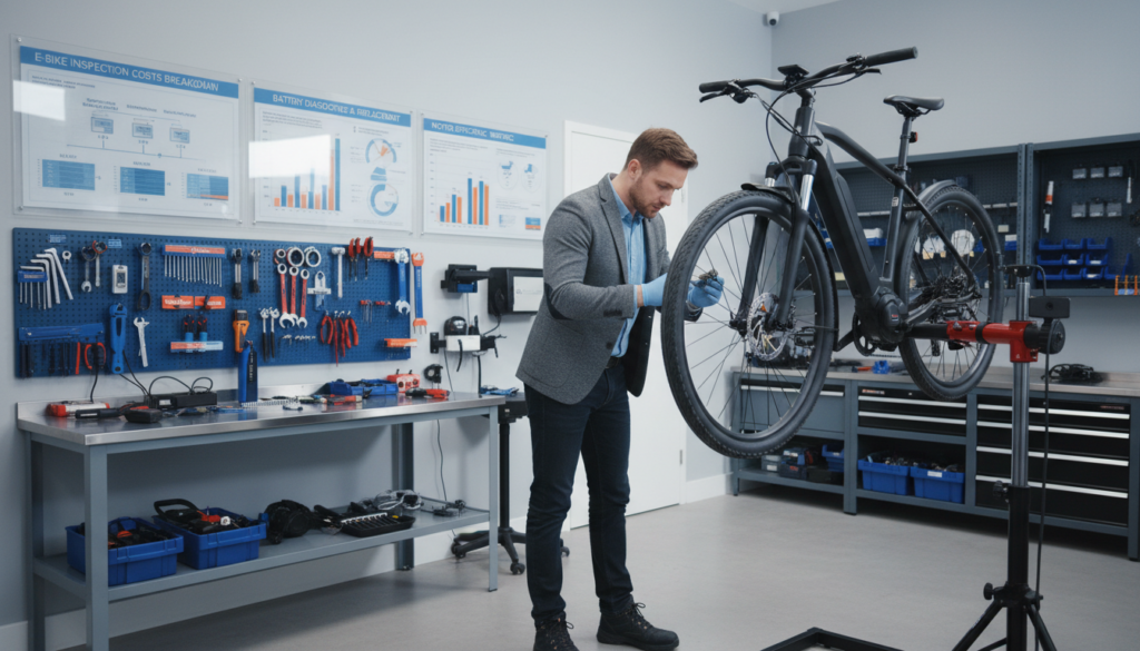 A detailed scene inside a modern e-bike workshop, showcasing an e-bike on a repair stand. In the foreground, a professional mechanic in business casual attire examines the bike's components, focusing on the wheels and battery. In the middle, various e-bike parts and tools are neatly organized on workbenches, illustrating the meticulous nature of inspections. The background features wall-mounted charts translating technical e-bike metrics, enhancing the theme of inspection costs. The lighting is bright and even, creating a clean, professional atmosphere. Use a slightly tilted angle to add depth, emphasizing the mechanic's focused expression. The overall mood should convey expertise and attention to detail, reflecting the essence of e-bike maintenance and inspection costs. A detailed scene inside a modern e-bike workshop, showcasing an e-bike on a repair stand. In the foreground, a professional mechanic in business casual attire examines the bike's components, focusing on the wheels and battery. In the middle, various e-bike parts and tools are neatly organized on workbenches, illustrating the meticulous nature of inspections. The background features wall-mounted charts translating technical e-bike metrics, enhancing the theme of inspection costs. The lighting is bright and even, creating a clean, professional atmosphere. Use a slightly tilted angle to add depth, emphasizing the mechanic's focused expression. The overall mood should convey expertise and attention to detail, reflecting the essence of e-bike maintenance and inspection costs.