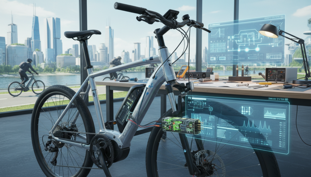 A detailed technical illustration depicting the interaction between an e-bike's battery, drive system, and range. In the foreground, an e-bike with its battery visibly detached, showcasing the connections and technological components. The middle ground features a well-lit workspace with tools and diagrams illustrating battery capabilities and efficiency metrics. In the background, a sleek, modern cityscape with cyclists in professional attire navigating pathways, reflecting a focus on sustainable transportation. The overall atmosphere should convey innovation and clarity with bright, natural lighting emphasizing the technological aspects. The perspective should be slightly angled to create depth, capturing both the e-bike and the urban environment in a dynamic composition without any text or distractions. A detailed technical illustration depicting the interaction between an e-bike's battery, drive system, and range. In the foreground, an e-bike with its battery visibly detached, showcasing the connections and technological components. The middle ground features a well-lit workspace with tools and diagrams illustrating battery capabilities and efficiency metrics. In the background, a sleek, modern cityscape with cyclists in professional attire navigating pathways, reflecting a focus on sustainable transportation. The overall atmosphere should convey innovation and clarity with bright, natural lighting emphasizing the technological aspects. The perspective should be slightly angled to create depth, capturing both the e-bike and the urban environment in a dynamic composition without any text or distractions.