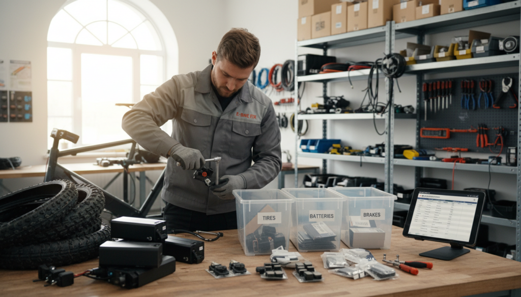 A detailed view of an e-bike repair workshop, focusing on various commonly replaced parts like tires, batteries, and brake pads, scattered across a workbench. In the foreground, a mechanic in professional attire inspects an e-bike, holding a component while using tools such as wrenches and screwdrivers. The middle ground showcases a variety of spare parts organized in labeled bins, with a digital tablet displaying repair costs nearby. The background features a well-lit workspace with shelves holding more spare parts and tools. Soft, natural light pours in through a window, creating a warm and inviting atmosphere. The image conveys a sense of professionalism and attention to detail in e-bike maintenance. A detailed view of an e-bike repair workshop, focusing on various commonly replaced parts like tires, batteries, and brake pads, scattered across a workbench. In the foreground, a mechanic in professional attire inspects an e-bike, holding a component while using tools such as wrenches and screwdrivers. The middle ground showcases a variety of spare parts organized in labeled bins, with a digital tablet displaying repair costs nearby. The background features a well-lit workspace with shelves holding more spare parts and tools. Soft, natural light pours in through a window, creating a warm and inviting atmosphere. The image conveys a sense of professionalism and attention to detail in e-bike maintenance.