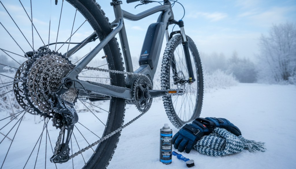 A detailed winter scene focusing on an E-bike, showcasing its drivetrain and chain highlighted for winter maintenance. The foreground features a close-up view of the E-bike's drive system, with glistening ice crystals around the components. The middle ground includes the bike resting on a snowy path, with winter gear like a cozy scarf and gloves placed nearby to indicate the season. In the background, a frosty landscape with bare trees under a pale blue sky creates a serene and chilly atmosphere. Soft, even lighting enhances the cool tones of the scene, while a slight depth of field blurs the background, directing attention to the intricate details of the bike's chain and drivetrain. The overall mood is calm and focused on winter preparation. A detailed winter scene focusing on an E-bike, showcasing its drivetrain and chain highlighted for winter maintenance. The foreground features a close-up view of the E-bike's drive system, with glistening ice crystals around the components. The middle ground includes the bike resting on a snowy path, with winter gear like a cozy scarf and gloves placed nearby to indicate the season. In the background, a frosty landscape with bare trees under a pale blue sky creates a serene and chilly atmosphere. Soft, even lighting enhances the cool tones of the scene, while a slight depth of field blurs the background, directing attention to the intricate details of the bike's chain and drivetrain. The overall mood is calm and focused on winter preparation.