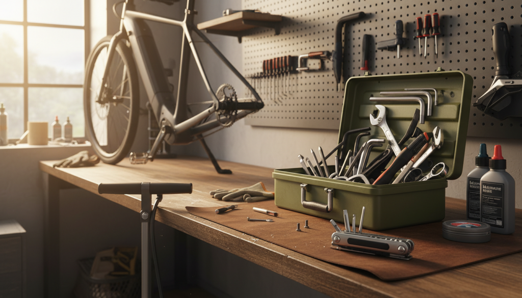 A detailed workspace for bicycle maintenance, featuring a neatly organized array of essential tools like wrenches, screwdrivers, tire levers, and a puncture repair kit. In the foreground, a focused close-up of a multi-tool and a bike pump are placed on a wooden workbench, with a bicycle frame partially visible in the background. The middle section showcases a toolbox overflowing with various bike maintenance tools, arranged artfully to highlight their importance. Soft, natural lighting filters through a nearby window, creating a warm and inviting atmosphere. The scene conveys a sense of professionalism and readiness, ideal for any DIY bicycle enthusiast looking to perform maintenance on their e-bike. A detailed workspace for bicycle maintenance, featuring a neatly organized array of essential tools like wrenches, screwdrivers, tire levers, and a puncture repair kit. In the foreground, a focused close-up of a multi-tool and a bike pump are placed on a wooden workbench, with a bicycle frame partially visible in the background. The middle section showcases a toolbox overflowing with various bike maintenance tools, arranged artfully to highlight their importance. Soft, natural lighting filters through a nearby window, creating a warm and inviting atmosphere. The scene conveys a sense of professionalism and readiness, ideal for any DIY bicycle enthusiast looking to perform maintenance on their e-bike.