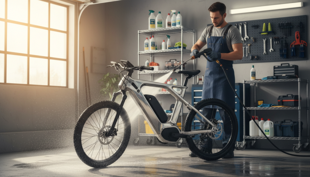 A high-powered cleaning scene featuring an E-bike positioned prominently in the foreground, receiving a powerful jet of water from a pressure washer. The bike is sleek, showcasing a shiny frame and modern features. In the middle ground, a person in professional casual attire operates the pressure washer, demonstrating care and precision while cleaning the bike. Surrounding the scene, a tidy garage setting with shelves of cleaning supplies and tools creates a defined, organized atmosphere. Soft natural lighting illuminates the scene, enhancing the bike's glossy surface and creating a focused ambiance on the cleaning process. Water droplets glisten in the light, adding a fresh, dynamic element to the image. A high-powered cleaning scene featuring an E-bike positioned prominently in the foreground, receiving a powerful jet of water from a pressure washer. The bike is sleek, showcasing a shiny frame and modern features. In the middle ground, a person in professional casual attire operates the pressure washer, demonstrating care and precision while cleaning the bike. Surrounding the scene, a tidy garage setting with shelves of cleaning supplies and tools creates a defined, organized atmosphere. Soft natural lighting illuminates the scene, enhancing the bike's glossy surface and creating a focused ambiance on the cleaning process. Water droplets glisten in the light, adding a fresh, dynamic element to the image.