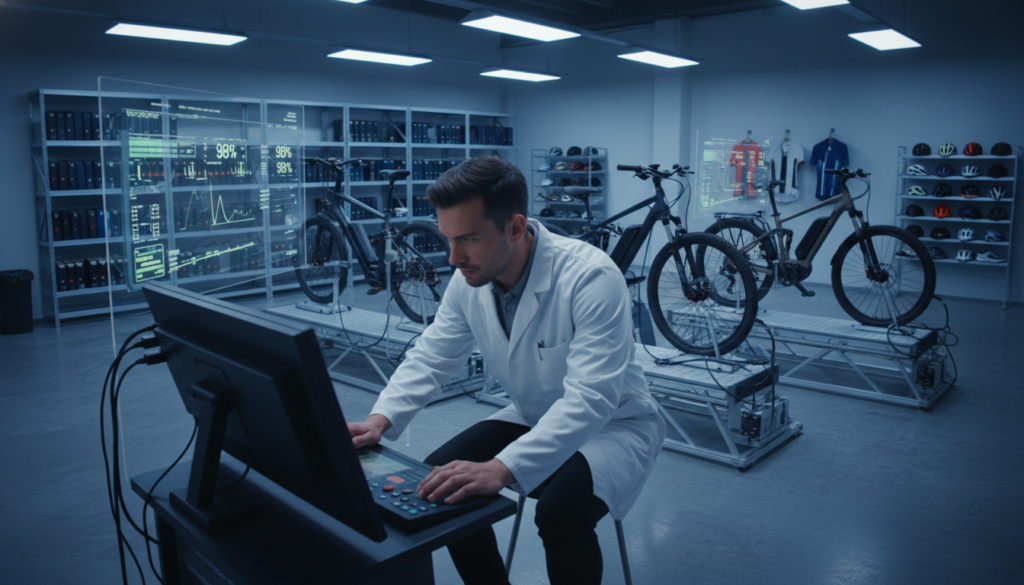 A high-tech e-bike testing laboratory, featuring a state-of-the-art electric bike setup. In the foreground, a technician in professional attire meticulously adjusts the settings on a digital display, focusing intently. The middle ground showcases various e-bikes positioned on testing platforms, connected to computers and measuring equipment, with data being displayed on screens reflecting battery levels and distance. The background reveals rows of battery packs and cycling gear neatly organized on shelves. The lighting is bright and clinical, emphasizing a high-tech atmosphere, with sharp contrast shadows adding depth. Use a wide-angle lens to capture the entire scene, creating a sense of innovation and precision in the e-bike range testing environment. A high-tech e-bike testing laboratory, featuring a state-of-the-art electric bike setup. In the foreground, a technician in professional attire meticulously adjusts the settings on a digital display, focusing intently. The middle ground showcases various e-bikes positioned on testing platforms, connected to computers and measuring equipment, with data being displayed on screens reflecting battery levels and distance. The background reveals rows of battery packs and cycling gear neatly organized on shelves. The lighting is bright and clinical, emphasizing a high-tech atmosphere, with sharp contrast shadows adding depth. Use a wide-angle lens to capture the entire scene, creating a sense of innovation and precision in the e-bike range testing environment.