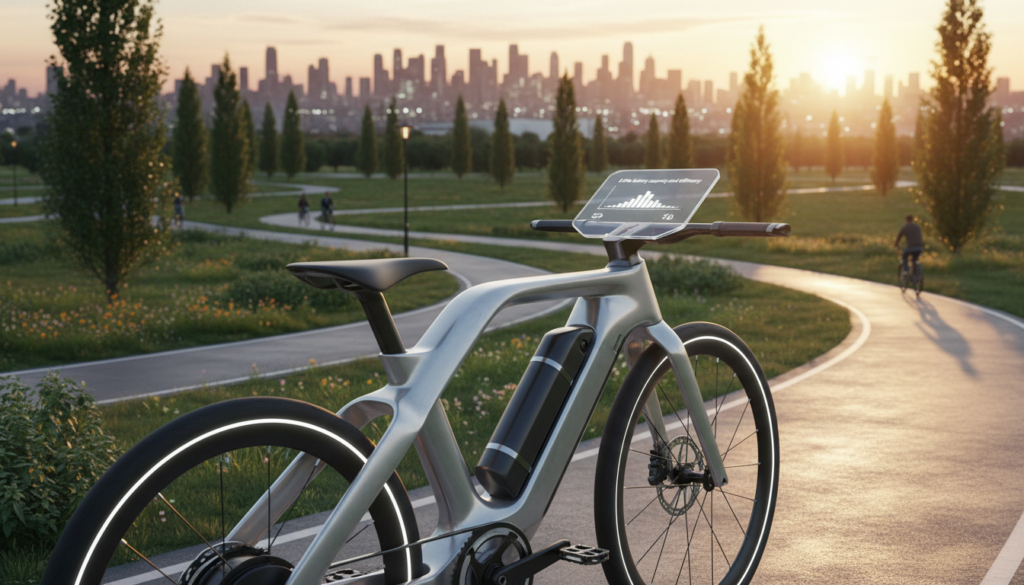A high-tech electric bike sits prominently in the foreground, showcasing its sleek design, battery pack, and digital display, emphasizing "E-Bike battery capacity and efficiency." The middle ground features lush, winding urban trails, illustrating the bike's potential for long-range travel. In the background, a vibrant sunset casts a warm glow over a city skyline, enhancing the mood of adventure and sustainability. The lighting highlights the e-bike's modern features, while soft bokeh effects create a sense of depth. The scene conveys an atmosphere of exploration and innovation, inviting viewers to envision the future of eco-friendly commuting. Ensure that the e-bike reflects advanced technology without any text or logos. A high-tech electric bike sits prominently in the foreground, showcasing its sleek design, battery pack, and digital display, emphasizing "E-Bike battery capacity and efficiency." The middle ground features lush, winding urban trails, illustrating the bike's potential for long-range travel. In the background, a vibrant sunset casts a warm glow over a city skyline, enhancing the mood of adventure and sustainability. The lighting highlights the e-bike's modern features, while soft bokeh effects create a sense of depth. The scene conveys an atmosphere of exploration and innovation, inviting viewers to envision the future of eco-friendly commuting. Ensure that the e-bike reflects advanced technology without any text or logos.