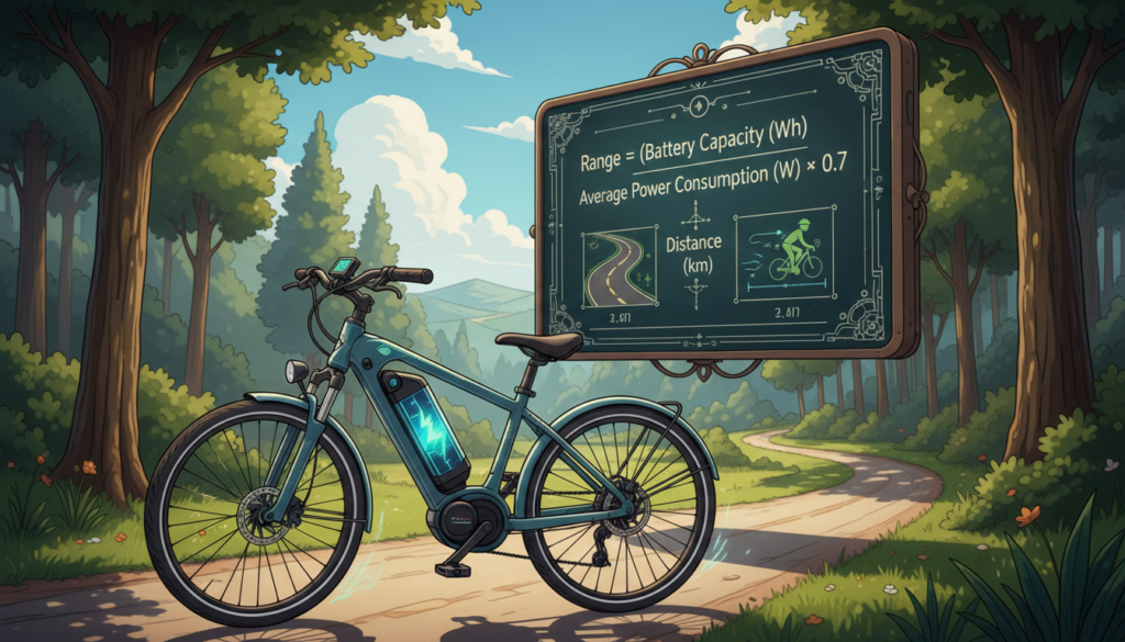 A highly detailed illustration depicting the formula for calculating e-bike range. In the foreground, a sleek e-bike with an emphasis on its battery and circuitry, showcasing elements like a battery gauge and wheels. In the middle, a chalkboard or digital screen displaying a well-organized mathematical formula, beautifully laid out with diagrams of distance and power consumption highlighted. The background features a vibrant outdoor setting, with trees and a bike path under a clear blue sky, emphasizing the freedom of cycling. Soft, natural lighting illuminates the scene, creating a warm and inviting atmosphere. The focus is on the e-bike and the formula, clearly illustrating the topic of e-bike range calculations without any text or distractions. A highly detailed illustration depicting the formula for calculating e-bike range. In the foreground, a sleek e-bike with an emphasis on its battery and circuitry, showcasing elements like a battery gauge and wheels. In the middle, a chalkboard or digital screen displaying a well-organized mathematical formula, beautifully laid out with diagrams of distance and power consumption highlighted. The background features a vibrant outdoor setting, with trees and a bike path under a clear blue sky, emphasizing the freedom of cycling. Soft, natural lighting illuminates the scene, creating a warm and inviting atmosphere. The focus is on the e-bike and the formula, clearly illustrating the topic of e-bike range calculations without any text or distractions.