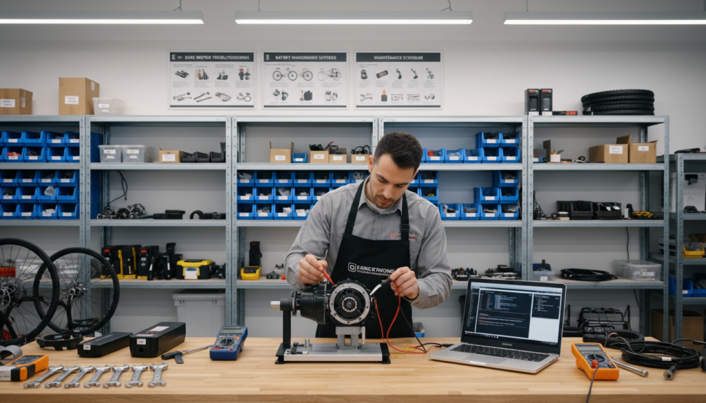 A modern bicycle workshop featuring an e-bike motor diagnostics station. In the foreground, a focused technician dressed in professional attire is examining an open e-bike motor, using diagnostic tools and a laptop displaying technical data. In the middle, various e-bike components are neatly arranged on a workbench, with high-quality tools including wrenches and multimeters. The background reveals shelves filled with spare parts and instructional posters about e-bike maintenance. The lighting is bright and inviting, reminiscent of a well-lit workshop, highlighting the meticulous detail of the motor and tools. The atmosphere conveys professionalism and diligence in e-bike maintenance, showcasing the importance of expert care and diagnostics in the workshop. A modern bicycle workshop featuring an e-bike motor diagnostics station. In the foreground, a focused technician dressed in professional attire is examining an open e-bike motor, using diagnostic tools and a laptop displaying technical data. In the middle, various e-bike components are neatly arranged on a workbench, with high-quality tools including wrenches and multimeters. The background reveals shelves filled with spare parts and instructional posters about e-bike maintenance. The lighting is bright and inviting, reminiscent of a well-lit workshop, highlighting the meticulous detail of the motor and tools. The atmosphere conveys professionalism and diligence in e-bike maintenance, showcasing the importance of expert care and diagnostics in the workshop.