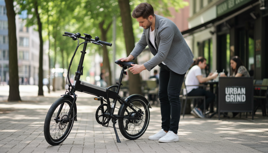 A modern, sleek e-bike folding bike (klapprad), showcasing its practicality for daily life. The foreground features the bike parked on a city sidewalk, with its compact frame folded partially to demonstrate its size. In the middle ground, a young professional in smart casual attire is examining the bike's components, highlighting its durability and design. The background shows a vibrant urban setting with trees and a softly blurred café, suggesting a lively environment. Natural daylight filters through the branches, casting gentle shadows, creating a warm and inviting atmosphere. Use a shallow depth of field to focus on the bike while giving context to the surrounding area, enhancing the image's mood of everyday utility and convenience. A modern, sleek e-bike folding bike (klapprad), showcasing its practicality for daily life. The foreground features the bike parked on a city sidewalk, with its compact frame folded partially to demonstrate its size. In the middle ground, a young professional in smart casual attire is examining the bike's components, highlighting its durability and design. The background shows a vibrant urban setting with trees and a softly blurred café, suggesting a lively environment. Natural daylight filters through the branches, casting gentle shadows, creating a warm and inviting atmosphere. Use a shallow depth of field to focus on the bike while giving context to the surrounding area, enhancing the image's mood of everyday utility and convenience.