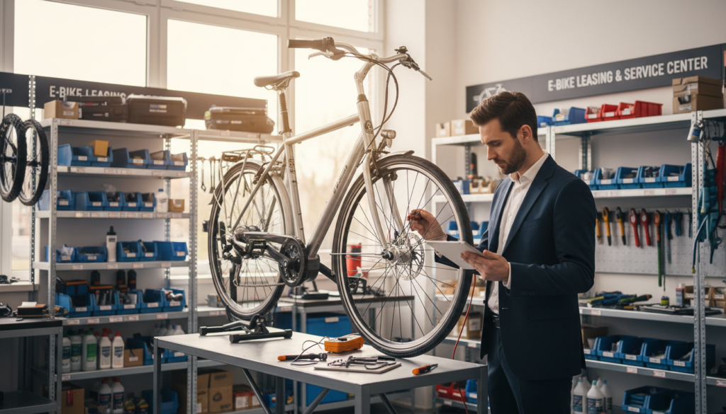 A modern, well-equipped bike workshop featuring a sleek pedelec bicycle on a repair stand, surrounded by various tools and bike maintenance equipment. In the foreground, a technician in professional business attire carefully inspects the electric components of the bike, highlighting the importance of e-bike maintenance. The middle ground showcases shelves filled with spare parts and cleaning supplies, creating an organized chaos that reflects active maintenance work. In the background, large windows let in soft natural light, illuminating the scene and enhancing the focused atmosphere. The overall mood is professional and informative, emphasizing the critical aspects of e-bike inspection and Leasing. The composition should have a slight depth of field to draw attention to the pedelec bike while still capturing the workshop's environment. A modern, well-equipped bike workshop featuring a sleek pedelec bicycle on a repair stand, surrounded by various tools and bike maintenance equipment. In the foreground, a technician in professional business attire carefully inspects the electric components of the bike, highlighting the importance of e-bike maintenance. The middle ground showcases shelves filled with spare parts and cleaning supplies, creating an organized chaos that reflects active maintenance work. In the background, large windows let in soft natural light, illuminating the scene and enhancing the focused atmosphere. The overall mood is professional and informative, emphasizing the critical aspects of e-bike inspection and Leasing. The composition should have a slight depth of field to draw attention to the pedelec bike while still capturing the workshop's environment.