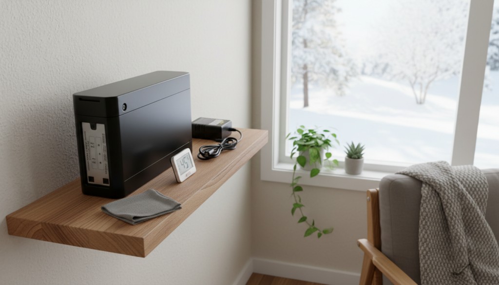 A neatly organized home storage setup for an E-bike battery during winter, situated in a well-lit, cozy indoor environment. In the foreground, a prominent E-bike battery is placed on a sturdy, wooden shelf, with a few essential maintenance tools like a cloth, battery charger, and a thermometer nearby. In the middle ground, a warm, inviting background features a window showcasing a snowy scene outside, with soft, diffused natural light filtering in. The atmosphere is calm and protective, emphasizing the importance of proper battery care during cold weather. A touch of green potted plants adds a hint of life and warmth to the scene. The camera angle is slightly from above, providing a clear view of the battery and the surrounding arrangement. A neatly organized home storage setup for an E-bike battery during winter, situated in a well-lit, cozy indoor environment. In the foreground, a prominent E-bike battery is placed on a sturdy, wooden shelf, with a few essential maintenance tools like a cloth, battery charger, and a thermometer nearby. In the middle ground, a warm, inviting background features a window showcasing a snowy scene outside, with soft, diffused natural light filtering in. The atmosphere is calm and protective, emphasizing the importance of proper battery care during cold weather. A touch of green potted plants adds a hint of life and warmth to the scene. The camera angle is slightly from above, providing a clear view of the battery and the surrounding arrangement.