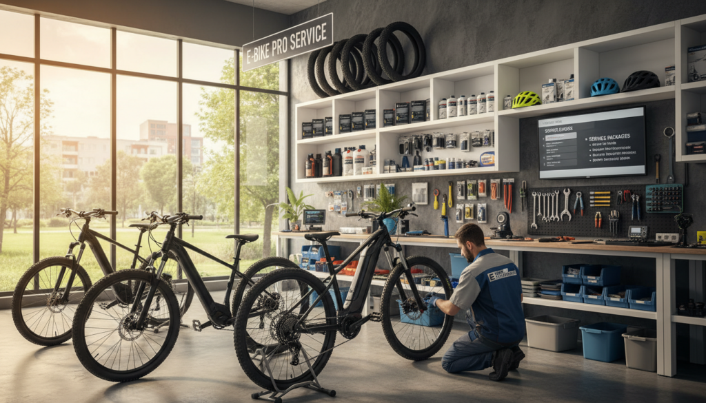 A professional E-bike service setting, showcasing a well-organized service area with various E-bikes in the foreground. Include a mechanic in a neat technician uniform, attentively inspecting an E-bike, surrounded by essential tools and equipment. In the middle ground, display shelves filled with E-bike accessories like batteries, tires, and maintenance kits, emphasizing the comprehensive service package. The background features bright, natural lighting filtering through large windows, creating an inviting atmosphere. Use a wide-angle perspective to capture the entire scene, highlighting the reliability and professionalism of E-bike maintenance services. Overall, convey a mood of trustworthiness and expertise, ideal for customers considering an E-bike maintenance contract. A professional E-bike service setting, showcasing a well-organized service area with various E-bikes in the foreground. Include a mechanic in a neat technician uniform, attentively inspecting an E-bike, surrounded by essential tools and equipment. In the middle ground, display shelves filled with E-bike accessories like batteries, tires, and maintenance kits, emphasizing the comprehensive service package. The background features bright, natural lighting filtering through large windows, creating an inviting atmosphere. Use a wide-angle perspective to capture the entire scene, highlighting the reliability and professionalism of E-bike maintenance services. Overall, convey a mood of trustworthiness and expertise, ideal for customers considering an E-bike maintenance contract.