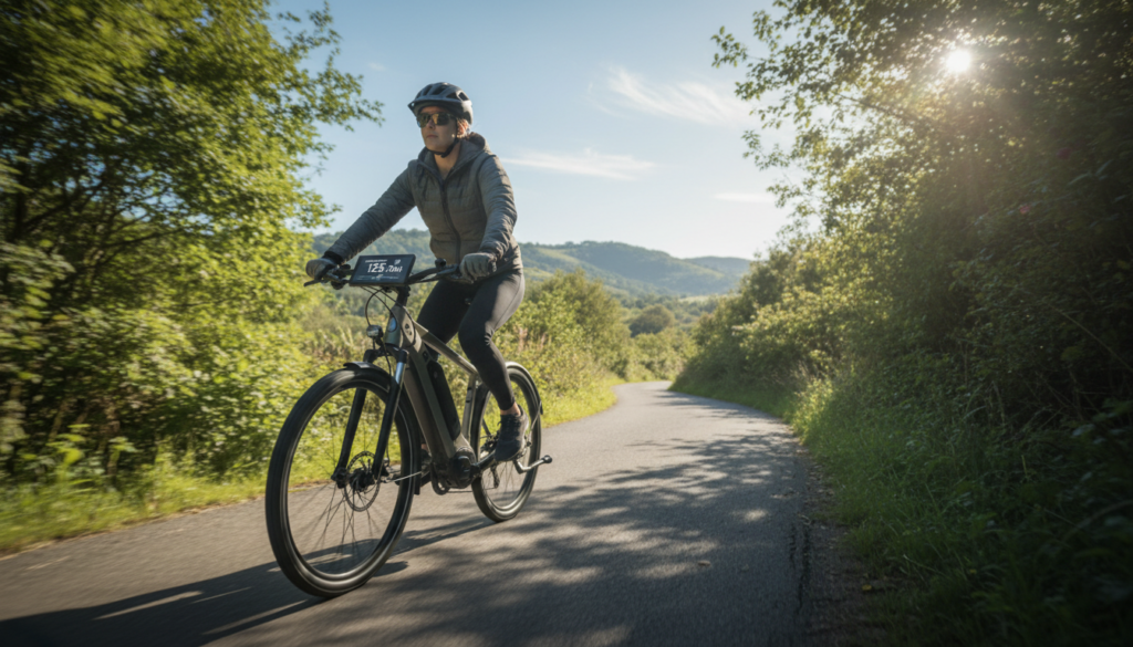 A realistic e-bike being tested in an outdoor setting, showcasing its range and performance. In the foreground, a well-dressed rider, wearing a helmet and comfortable attire, is riding the e-bike along a scenic, undulating path surrounded by lush greenery and dynamic sunlight filtering through the trees. In the middle ground, a digital display on the e-bike shows the distance traveled and remaining battery level, emphasizing the focus on practical range. In the background, a serene landscape of hills and blue sky conveys a sense of exploration. The mood is energetic yet relaxed, with a soft focus on the rider, highlighting the e-bike’s modern design and versatility. Ideal lighting for a sunny day, capturing natural shadows and highlights. A realistic e-bike being tested in an outdoor setting, showcasing its range and performance. In the foreground, a well-dressed rider, wearing a helmet and comfortable attire, is riding the e-bike along a scenic, undulating path surrounded by lush greenery and dynamic sunlight filtering through the trees. In the middle ground, a digital display on the e-bike shows the distance traveled and remaining battery level, emphasizing the focus on practical range. In the background, a serene landscape of hills and blue sky conveys a sense of exploration. The mood is energetic yet relaxed, with a soft focus on the rider, highlighting the e-bike’s modern design and versatility. Ideal lighting for a sunny day, capturing natural shadows and highlights.