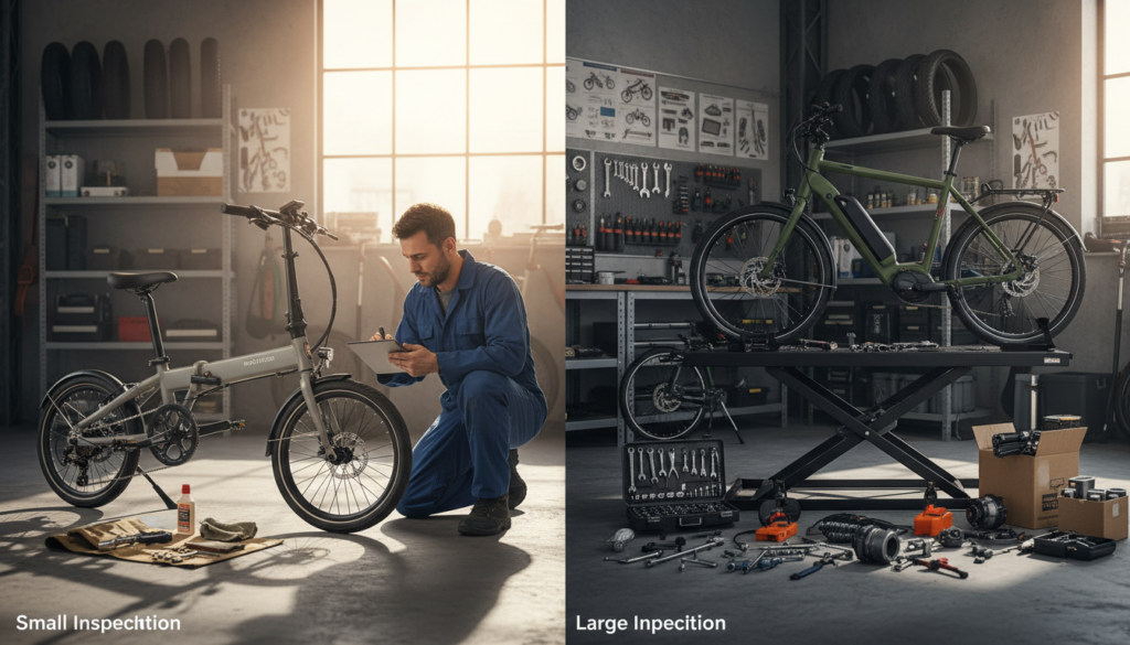 A side-by-side comparison of two E-Bikes, one representing a small inspection and the other a large inspection. In the foreground, showcase a compact E-Bike with a mechanics' toolkit beside it, featuring common small inspection tools like a tire pressure gauge and a chain lube bottle. In contrast, the larger E-Bike should be depicted with more extensive service equipment, such as a hydraulic lift, multiple tools, and parts spread out, illustrating the complexity of a larger inspection. The middle ground should include a professional mechanic wearing a blue jumpsuit, closely examining both bikes under warm, natural lighting from a nearby window, creating an inviting atmosphere. The background should subtly hint at a workshop with shelves of bike parts and tools neatly organized, enhancing the professional setting. A side-by-side comparison of two E-Bikes, one representing a small inspection and the other a large inspection. In the foreground, showcase a compact E-Bike with a mechanics' toolkit beside it, featuring common small inspection tools like a tire pressure gauge and a chain lube bottle. In contrast, the larger E-Bike should be depicted with more extensive service equipment, such as a hydraulic lift, multiple tools, and parts spread out, illustrating the complexity of a larger inspection. The middle ground should include a professional mechanic wearing a blue jumpsuit, closely examining both bikes under warm, natural lighting from a nearby window, creating an inviting atmosphere. The background should subtly hint at a workshop with shelves of bike parts and tools neatly organized, enhancing the professional setting.