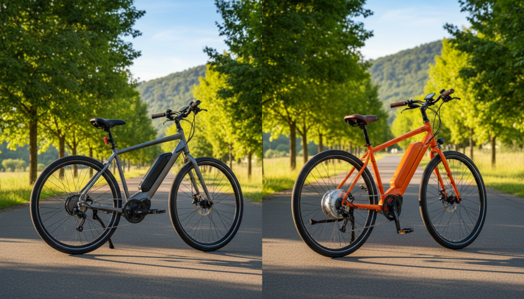 A side-by-side comparison of two types of e-bike drive systems: a mid-motor and a hub motor. In the foreground, an e-bike featuring a sleek, modern mid-motor mounted on the bottom bracket, showcasing its central position for balanced weight distribution. Beside it, a vibrant e-bike with a rear hub motor, highlighting the compact design and the rear wheel's integration. The middle ground presents a smooth, paved bike path with green trees lining the sides, bathed in warm afternoon sunlight to create a lively, engaging atmosphere. In the background, a distant view of rolling hills under a clear blue sky. Use a slightly elevated angle to capture both bikes prominently, ensuring excellent visibility of the drive systems without any text or distractions. A side-by-side comparison of two types of e-bike drive systems: a mid-motor and a hub motor. In the foreground, an e-bike featuring a sleek, modern mid-motor mounted on the bottom bracket, showcasing its central position for balanced weight distribution. Beside it, a vibrant e-bike with a rear hub motor, highlighting the compact design and the rear wheel's integration. The middle ground presents a smooth, paved bike path with green trees lining the sides, bathed in warm afternoon sunlight to create a lively, engaging atmosphere. In the background, a distant view of rolling hills under a clear blue sky. Use a slightly elevated angle to capture both bikes prominently, ensuring excellent visibility of the drive systems without any text or distractions.