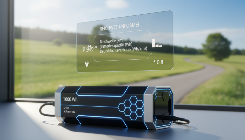 A sleek and modern workspace with a high-tech E-bike battery (1000 Wh) prominently displayed in the foreground, showcasing its intricate design and specifications. In the middle ground, a digital diagram illustrating the Reichweitenformel (range formula) specific to E-bike batteries, with graphical representations of distance and energy consumption. The background features blurred imagery of an outdoor cycling environment, hinting at a sunny day and winding paths. Use soft, natural lighting to enhance the sense of innovation and sustainability, and create depth with a shallow depth of field that focuses on the battery and diagram. The mood is informative yet engaging, inviting the viewer to explore how battery capacity translates into travel distance. A sleek and modern workspace with a high-tech E-bike battery (1000 Wh) prominently displayed in the foreground, showcasing its intricate design and specifications. In the middle ground, a digital diagram illustrating the Reichweitenformel (range formula) specific to E-bike batteries, with graphical representations of distance and energy consumption. The background features blurred imagery of an outdoor cycling environment, hinting at a sunny day and winding paths. Use soft, natural lighting to enhance the sense of innovation and sustainability, and create depth with a shallow depth of field that focuses on the battery and diagram. The mood is informative yet engaging, inviting the viewer to explore how battery capacity translates into travel distance.