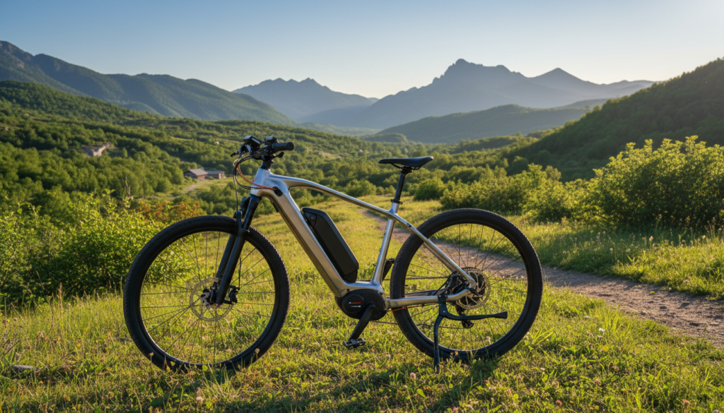A sleek, modern e-bike parked on a scenic hillside overlooking a lush landscape, symbolizing long-range capabilities. The foreground features the e-bike prominently, showcasing its lightweight frame and powerful battery, emphasizing innovative design elements. In the middle ground, a winding path leads through vibrant greenery, suggesting adventure and exploration. In the background, majestic mountains rise under a clear blue sky, hinting at distant travel potential. The lighting is warm and inviting, with golden hour sunlight casting a soft glow that enhances the e-bike's features. The scene conveys a sense of freedom and efficiency, perfect for those seeking to maximize their e-bike's range while enjoying nature. A sleek, modern e-bike parked on a scenic hillside overlooking a lush landscape, symbolizing long-range capabilities. The foreground features the e-bike prominently, showcasing its lightweight frame and powerful battery, emphasizing innovative design elements. In the middle ground, a winding path leads through vibrant greenery, suggesting adventure and exploration. In the background, majestic mountains rise under a clear blue sky, hinting at distant travel potential. The lighting is warm and inviting, with golden hour sunlight casting a soft glow that enhances the e-bike's features. The scene conveys a sense of freedom and efficiency, perfect for those seeking to maximize their e-bike's range while enjoying nature.