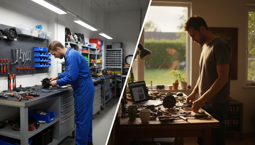 A split scene contrasting a professional bicycle repair workshop on the left and a home repair space on the right. In the workshop, a skilled technician in a blue jumpsuit carefully repairs an E-bike motor, surrounded by organized tools and parts, illuminated by bright overhead lights. On the right, a casual setting with a person in a casual shirt and pants faces a cluttered workbench, hesitating as they examine a disassembled E-bike motor, with tools scattered around. The background features a window showing a sunny day outside, creating a balanced atmosphere of professionalism versus DIY effort. Capture the tension of decision-making between expert help and self-repair, with dynamic lighting highlighting the contrast in environments. A split scene contrasting a professional bicycle repair workshop on the left and a home repair space on the right. In the workshop, a skilled technician in a blue jumpsuit carefully repairs an E-bike motor, surrounded by organized tools and parts, illuminated by bright overhead lights. On the right, a casual setting with a person in a casual shirt and pants faces a cluttered workbench, hesitating as they examine a disassembled E-bike motor, with tools scattered around. The background features a window showing a sunny day outside, creating a balanced atmosphere of professionalism versus DIY effort. Capture the tension of decision-making between expert help and self-repair, with dynamic lighting highlighting the contrast in environments.