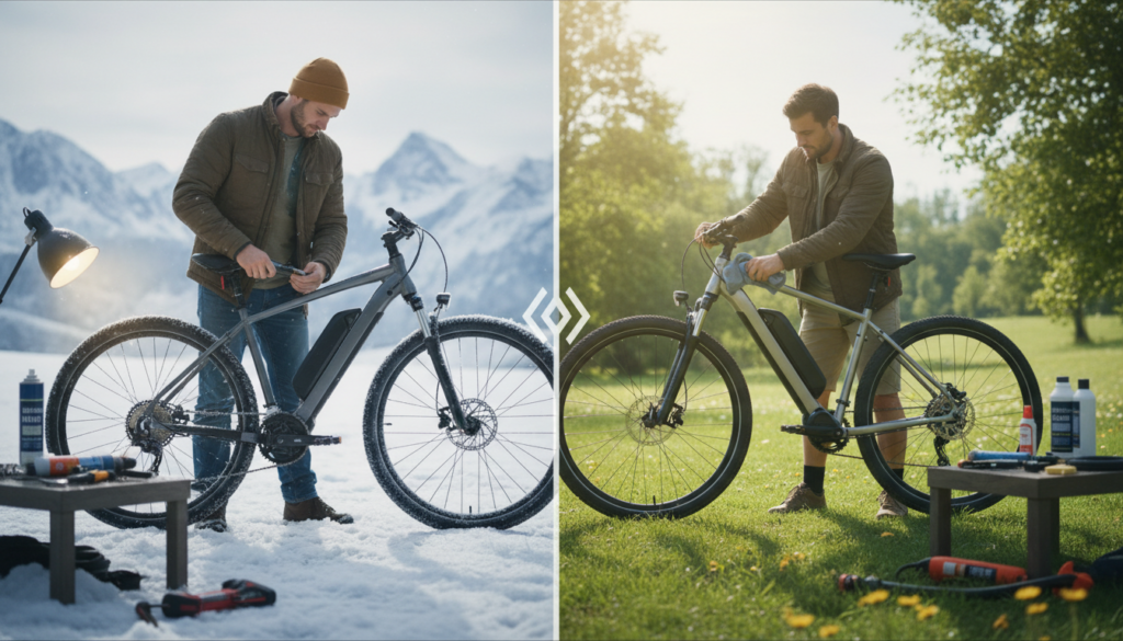 A split-screen illustration depicting seasonal maintenance for an E-bike in winter and summer. In the foreground, a mechanic in smart casual clothing is working on an E-bike, adjacent to snow-covered terrain on one side and a sunlit, lush green park on the other. The winter side shows the mechanic carefully applying lubricants to chains in low, soft lighting with a focus on frost-covered surfaces, while the summer side features bright daylight and a vibrant setting with tools scattered around. The middle ground highlights a workbench with maintenance tools and supplies, emphasizing the contrast between seasonal needs. The background includes snowy mountains on the left and blooming flowers on the right, capturing the essence of both seasons. Aim for a clear, detailed view to evoke a sense of professional care and seasonal awareness. A split-screen illustration depicting seasonal maintenance for an E-bike in winter and summer. In the foreground, a mechanic in smart casual clothing is working on an E-bike, adjacent to snow-covered terrain on one side and a sunlit, lush green park on the other. The winter side shows the mechanic carefully applying lubricants to chains in low, soft lighting with a focus on frost-covered surfaces, while the summer side features bright daylight and a vibrant setting with tools scattered around. The middle ground highlights a workbench with maintenance tools and supplies, emphasizing the contrast between seasonal needs. The background includes snowy mountains on the left and blooming flowers on the right, capturing the essence of both seasons. Aim for a clear, detailed view to evoke a sense of professional care and seasonal awareness.