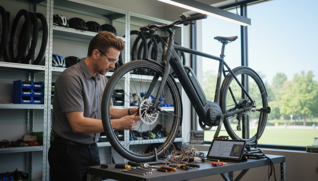 A technician in professional attire conducts a detailed annual inspection of an electric bicycle in a well-lit workshop. In the foreground, the e-bike is prominently displayed on a repair stand, with various tools like wrenches and a diagnostic device scattered around. The technician, a middle-aged individual with short hair, is focused on checking the battery and wiring. In the middle ground, shelves filled with bike parts and accessories create an organized view, while a bright overhead light highlights the bike's sleek design and technical components. The background features a large window revealing a sunny day outside, infusing the scene with a cheerful atmosphere, emphasizing the importance of regular maintenance for optimal performance. The overall mood is professional and informative, ideal for showcasing e-bike upkeep. A technician in professional attire conducts a detailed annual inspection of an electric bicycle in a well-lit workshop. In the foreground, the e-bike is prominently displayed on a repair stand, with various tools like wrenches and a diagnostic device scattered around. The technician, a middle-aged individual with short hair, is focused on checking the battery and wiring. In the middle ground, shelves filled with bike parts and accessories create an organized view, while a bright overhead light highlights the bike's sleek design and technical components. The background features a large window revealing a sunny day outside, infusing the scene with a cheerful atmosphere, emphasizing the importance of regular maintenance for optimal performance. The overall mood is professional and informative, ideal for showcasing e-bike upkeep.