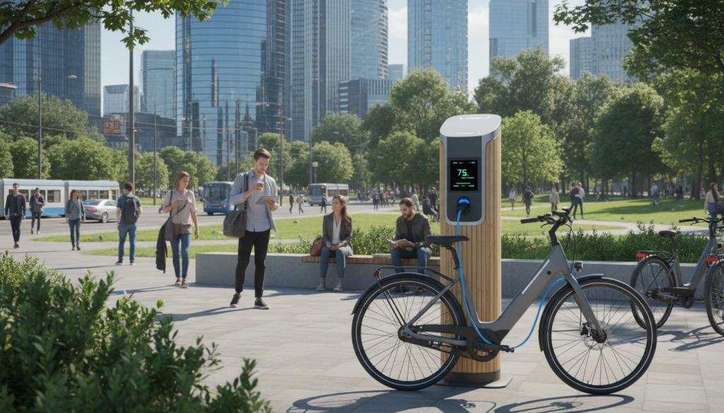 A vibrant and dynamic scene depicting a modern e-bike charging station in a bustling urban environment. In the foreground, a sleek e-bike is parked at the station, with a visible charging cable connecting it to a high-tech charging unit. The middle ground features a diverse group of people, dressed in smart casual clothing, happily engaging with their devices while waiting for their bikes to charge. The background showcases a lively cityscape with green parks and contemporary buildings under a bright, sunny sky, casting soft shadows. The atmosphere conveys a sense of innovation and convenience, emphasizing the practicality of charging e-bikes on the go. Soft, natural lighting enhances the scene while capturing a moment of urban mobility. A vibrant and dynamic scene depicting a modern e-bike charging station in a bustling urban environment. In the foreground, a sleek e-bike is parked at the station, with a visible charging cable connecting it to a high-tech charging unit. The middle ground features a diverse group of people, dressed in smart casual clothing, happily engaging with their devices while waiting for their bikes to charge. The background showcases a lively cityscape with green parks and contemporary buildings under a bright, sunny sky, casting soft shadows. The atmosphere conveys a sense of innovation and convenience, emphasizing the practicality of charging e-bikes on the go. Soft, natural lighting enhances the scene while capturing a moment of urban mobility.